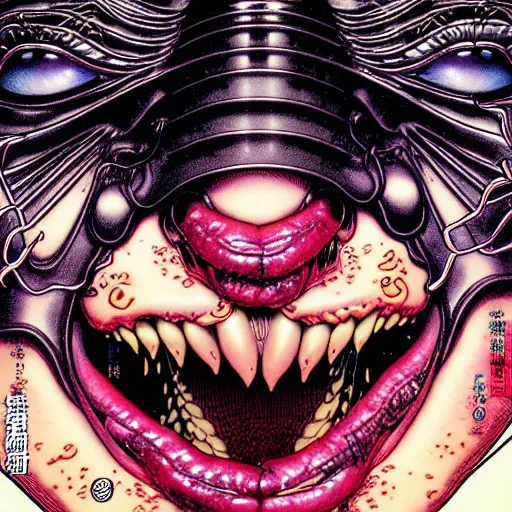 Image similar to closeup of face melting and tongues, by yoichi hatakenaka, masamune shirow, josan gonzales and dan mumford, ayami kojima, takato yamamoto, karol bak