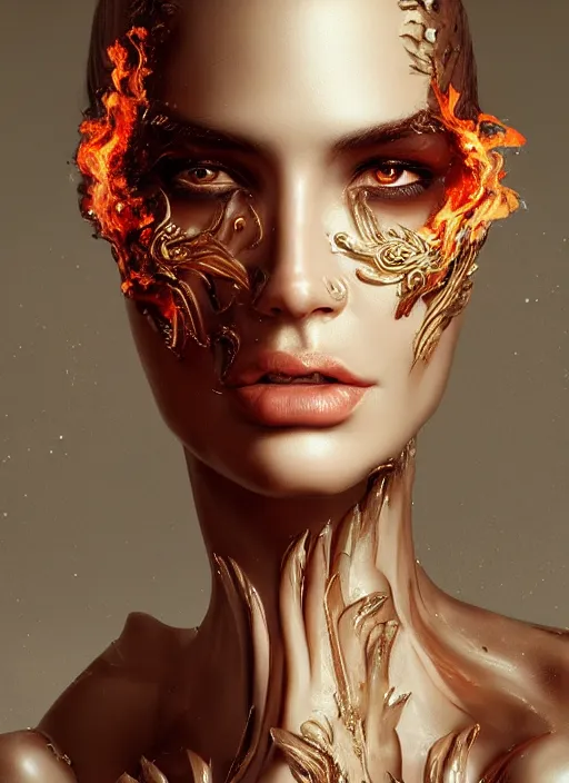 Image similar to 3d fashion portrait with fire, female, future, torch, flame, harper's bazaar, vogue, fashion magazine, intricate, concept art, close up, ornate, luxury, elite, elegant, trending on artstation, by ruan jia, by Kenneth Willardt, by ross tran, by WLOP, by Andrei Riabovitchev,