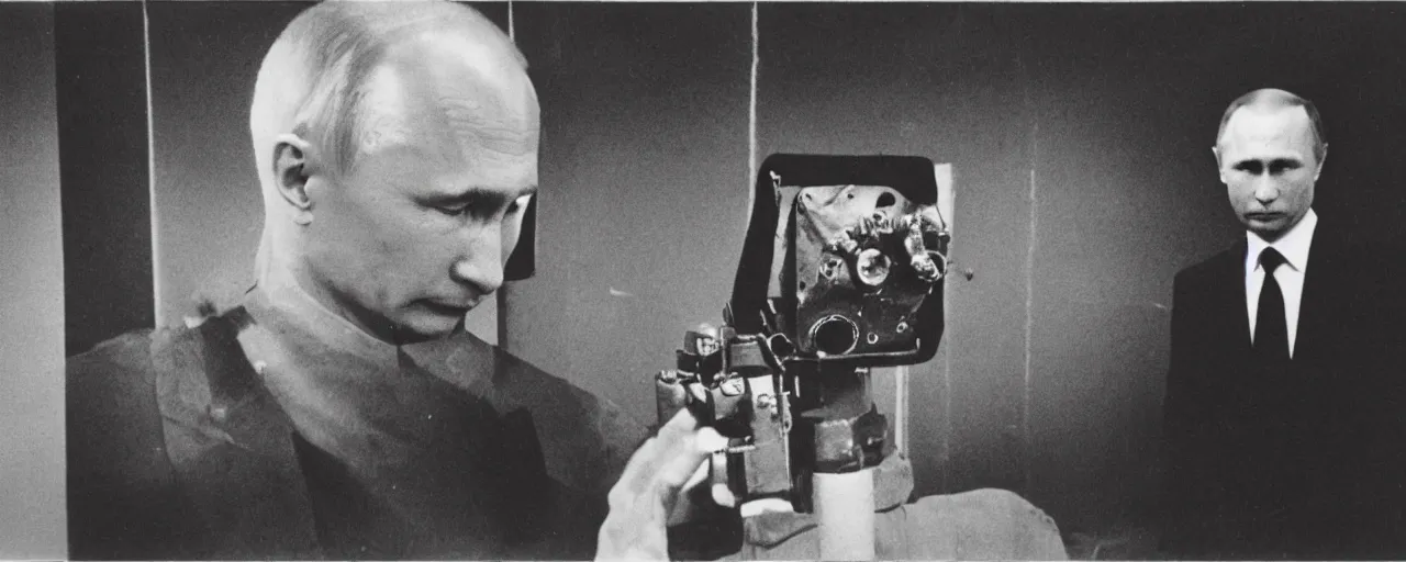 Image similar to Vladimir putin looking at an atomic bomb. polaroid. bleak.