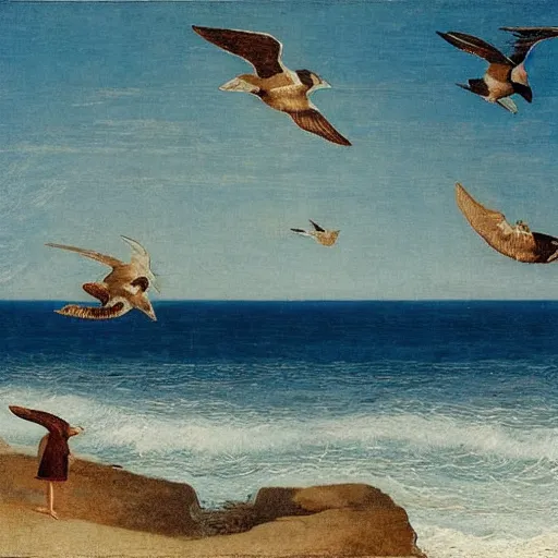 Image similar to A beautiful land art of a blue ocean with waves crashing against the shore. The sun is shining brightly and there are seagulls flying in the sky. golden by Ayami Kojima, by Philippe de Champaigne, by Richard Dadd chaotic