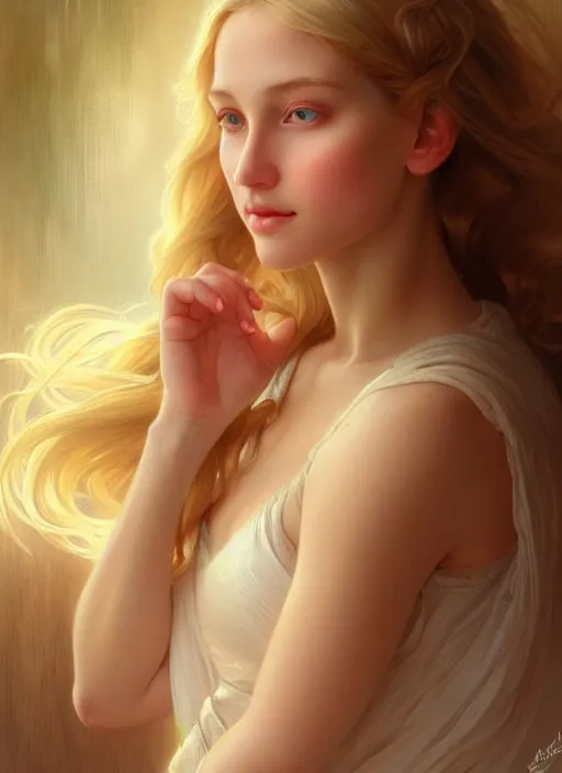 Image similar to beautiful feminine face!! portrait of young wife blessed by god with ever - increasing physical mental perfection, blonde, symmetrical! intricate, sensual features, highly detailed, divine holy perfection!! smile, digital painting, artstation, concept art, smooth, sharp focus, illustration, art by artgerm and greg rutkowski and alphonse mucha