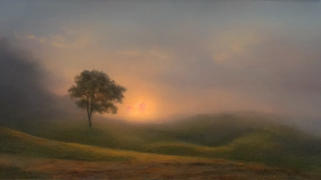 Prompt: so the sun set. i forgot to mention that a belt of mist lay between my hill and other hills, and that it was the color of pearl, oil painting,