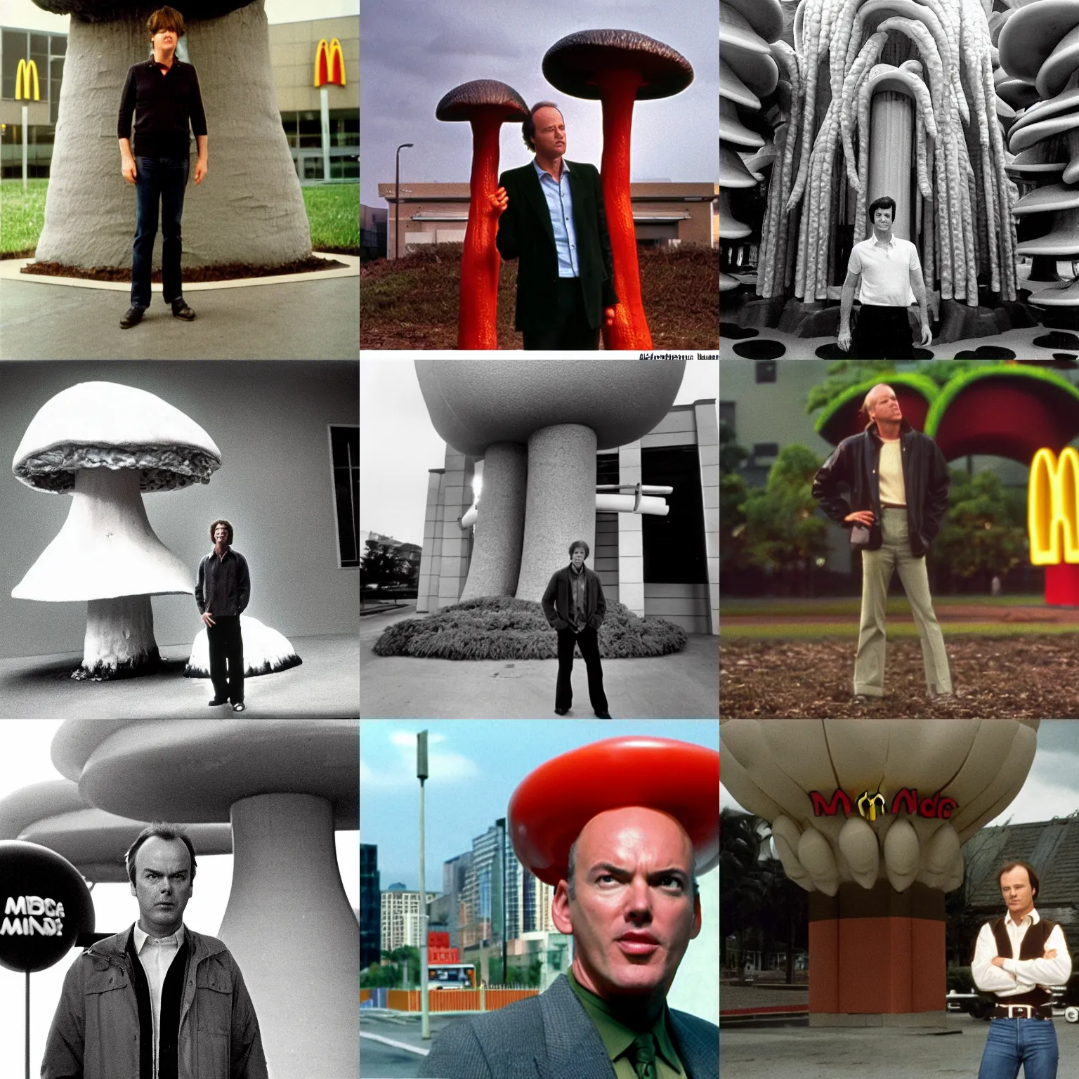 Prompt: Michael Keaton standing in front of big large building Mcdonalds gigantic fungus mushroom, cinematic, wide angle 1981