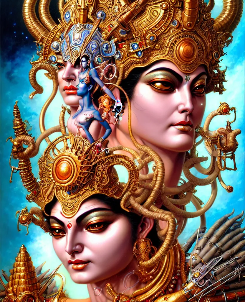 Prompt: beautiful goddess durga fantasy character portrait, close - up, headshot, ultra realistic, wide angle, intricate details, the fifth element artifacts, highly detailed by peter mohrbacher, hajime sorayama, wayne barlowe, boris vallejo, aaron horkey, gaston bussiere, craig mullins