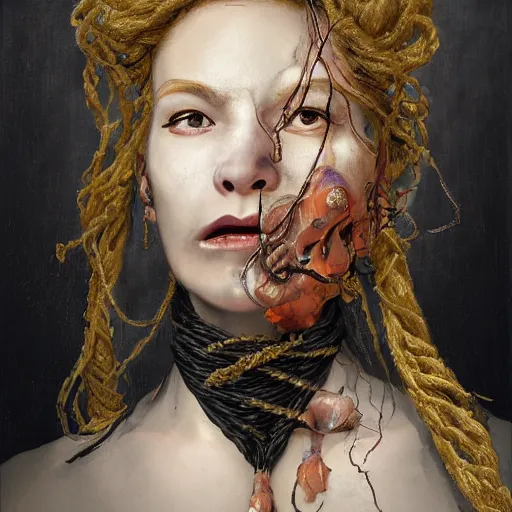 Image similar to portrait of a Shibari rope wrapped face and neck, headshot, insanely nice professional hair style, dramatic hair color, digital painting, of a old 15th century, old cyborg merchant, amber jewels, baroque, ornate clothing, scifi, realistic, hyperdetailed, chiaroscuro, concept art, art by Franz Hals and Jon Foster and Ayami Kojima and Amano and Karol Bak,