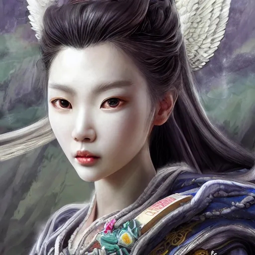 Prompt: dynamic composition, motion, ultra-detailed, incredibly detailed, a lot of details, amazing fine details and brush strokes, colorful and grayish palette, smooth, HD semirealistic anime CG concept art digital painting, watercolor oil painting of epic angel girl, from Three Kingdoms, by a Chinese artist at ArtStation, by Huang Guangjian, Fenghua Zhong, Ruan Jia, Xin Jin and Wei Chang. Realistic artwork of a Chinese videogame, gradients, gentle an harmonic grayish colors.