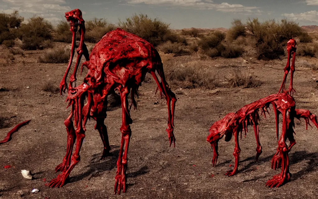 Prompt: in the desert a bloody gross horrifying The Thing creature made of muscle and bone and blood stares at the camera, eating, there is a pool of blood on the ground, it walks on two legs, like a skinwalker, mid day, 35mm photography, realistic,