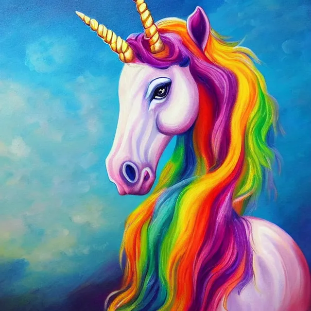 Image similar to beautiful unicorn, colorful oil painting