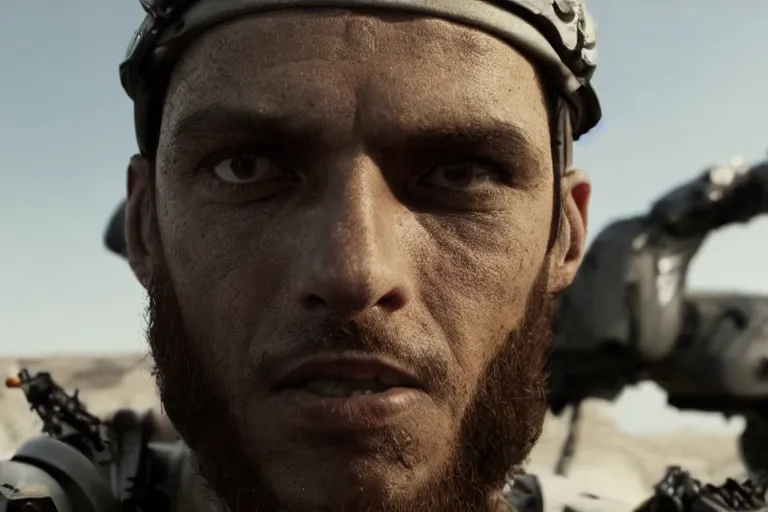 Image similar to VFX movie of a futuristic robot mercenary closeup portrait in war zone, natural lighting by Emmanuel Lubezki