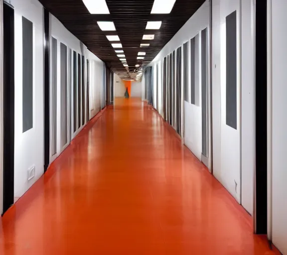 Image similar to fancy corridor with orange walls and white tile floor. black bench on the left. tv hanging in the right upper corner. end of the corridor is dark and hard to see.