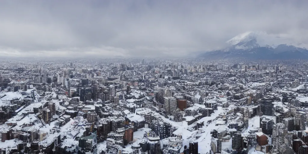 Prompt: A big modern city on a snow mountain