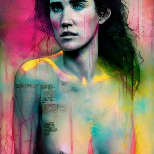 Prompt: jennifer connelly by cy Twombly and BASTIEN LECOUFFE DEHARME, pink and yellow, iridescent, volumetric lighting