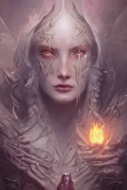 Prompt: face closeup beautiful girl necromancer full of sculls, wizard of the coast casting magic spell, angel and demons, heaven, magic storm and thunder clouds, scifi, fantasy, magic the gathering, hyper detailed, octane render, concept art, 3 d render, hyper realistic detailed portrait, peter mohrbacher