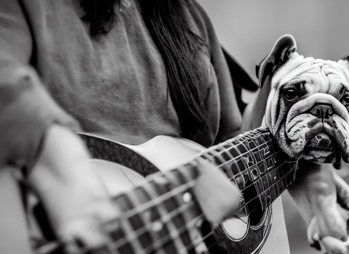 Prompt: a closeup, 4 5 mm, detailed photograph of a famous english bulldog rockstar holding a gitar, beautiful low light, 4 5 mm, by franz lanting