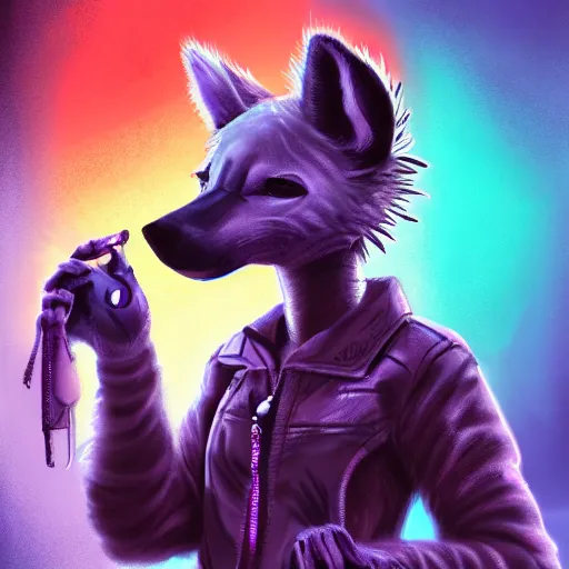 Image similar to digital painting of anthromorphic hyena female smoking cigarrete, fursona, furry fandom, furaffinity, neon rainy cyberpunk setting, anthro, wearing cyberpunk leather jacket, detailed face, blade runner, zootopia style,