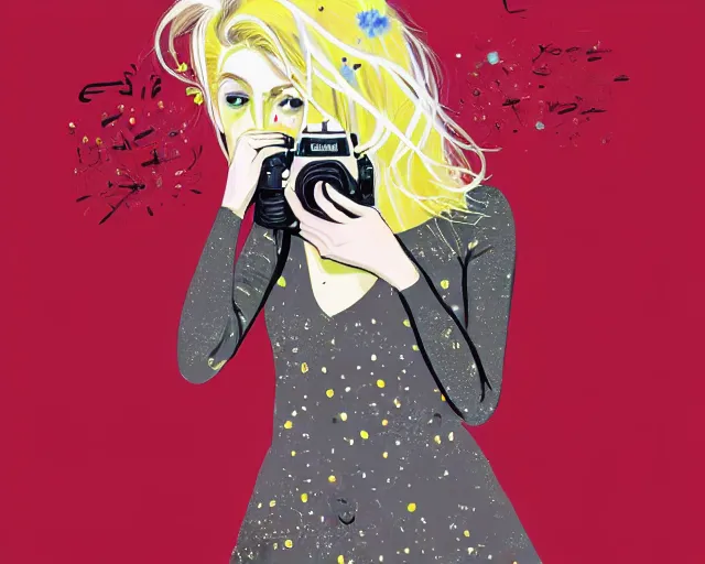 Image similar to pale young woman with bright blonde hair, freckles, gray eyes and a wide face, flowery dress, she is holding a professional dslr camera close to her face with one hand, dramatic lighting, bright flare, expressive, surrealist art by conrad roset