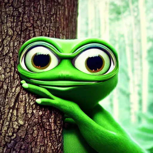 Image similar to very very very very cute chibi Pepe, portrait, pixar style, forest background, cinematic lighting, award winning creature portrait photography