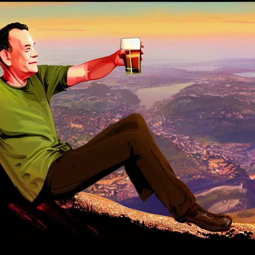 Image similar to Tom hanks at the top of a mountain, scenic view, holding a beer!!, digital art, gta 5 cover art, trending on artstation