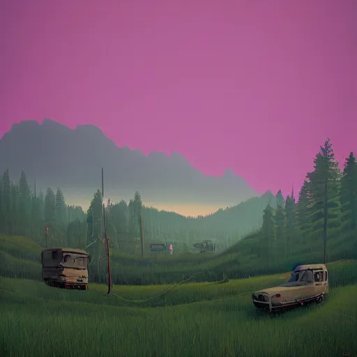 Image similar to green mountains, by simon stalenhag