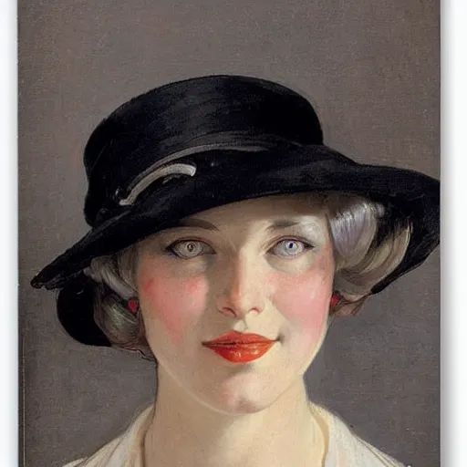 Image similar to frontal portrait of a woman with a hat that covers her eyes, by j. c. leyendecker