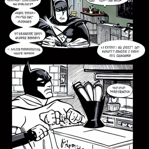 Image similar to batman baking a cake in a cozy french kitchen, comic book style