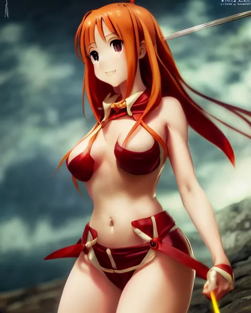 Image similar to pinup photo of asuna from sao in flame dungeon, asuna by a - 1 pictures, by greg rutkowski, gil elvgren, enoch bolles, glossy skin, pearlescent, anime, very coherent, maxim magazine, 3 d, vray, unreal 5, octave rendey, maya, cgsociety