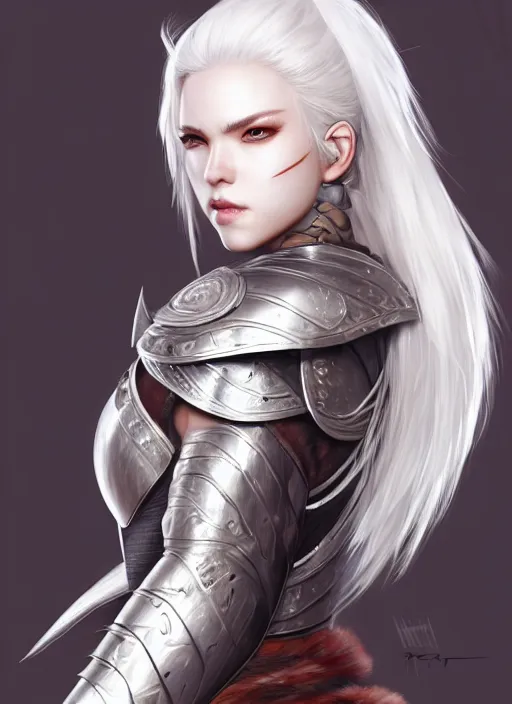 Image similar to warrior, fur leather armor!!! beautiful and elegant white hair female!! gorgeous ayes!! character concept art, sharp focus, octane render! unreal engine 5! highly rendered!! trending on artstation!! detailed linework!! illustration by artgerm, wlop, and chie yoshii