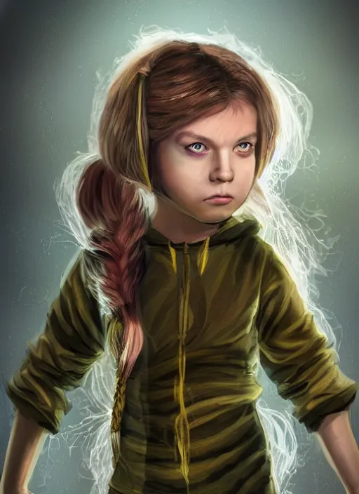 Image similar to An epic fantasy comic book style portrait painting of a young feminine boy, green eyes, fair skin, long brown hair worn in two pigtails, his left pigtail is shorter than the right pigtail, yellow hoodie with a grey undershirt, unreal 5, DAZ, hyperrealistic, octane render, cosplay, RPG portrait, dynamic lighting