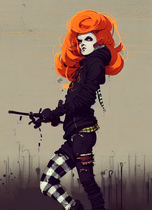 Image similar to highly detailed portrait of a sewer punk lady, tartan hoody, blonde ringlet hair by atey ghailan, by greg rutkowski, by greg tocchini, by james gilleard, by joe fenton, by kaethe butcher, gradient orange, black, cream and white color scheme, grunge aesthetic!!! ( ( graffiti tag wall background ) )