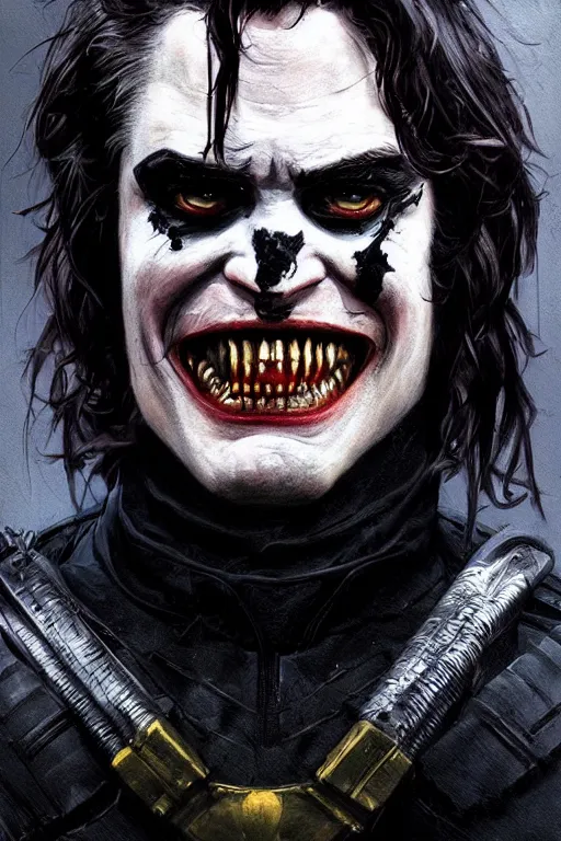 Image similar to Portrait of Robert Pattinson as The Batman Who Laughs, dc comics, dark, intricate, highly detailed, smooth, artstation, digital illustration by Ruan Jia and Mandy Jurgens and Artgerm and Wayne Barlowe and Greg Rutkowski and Zdislav Beksinski