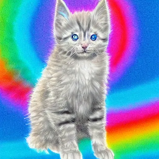 Prompt: of a full body wide of very proud fluffy rainbow kitten howling at moon with a glowing rainbow aura, digital art,