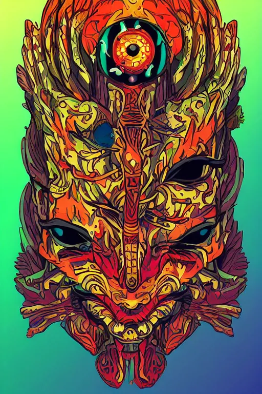 Image similar to animal mask totem roots flower tribal feather gemstone plant wood rock shaman vodoo video game vector cutout illustration vivid multicolor borderlands comics by josan gonzales and dan mumford radiating a glowing aura