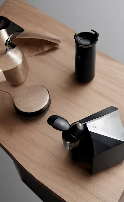 Image similar to a stylish handheld electric coffee grinder ; designed by marc newsom, zaha hadid, blonde, joseph and joseph, dieter rams ; natural materials ; industrial design ; behance ; le manoosh ; pinterest ; if design award ; reddot design award