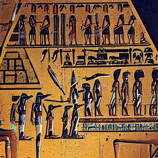 Image similar to a drawing of an oil rig inside an ancient egyptian pyramide,