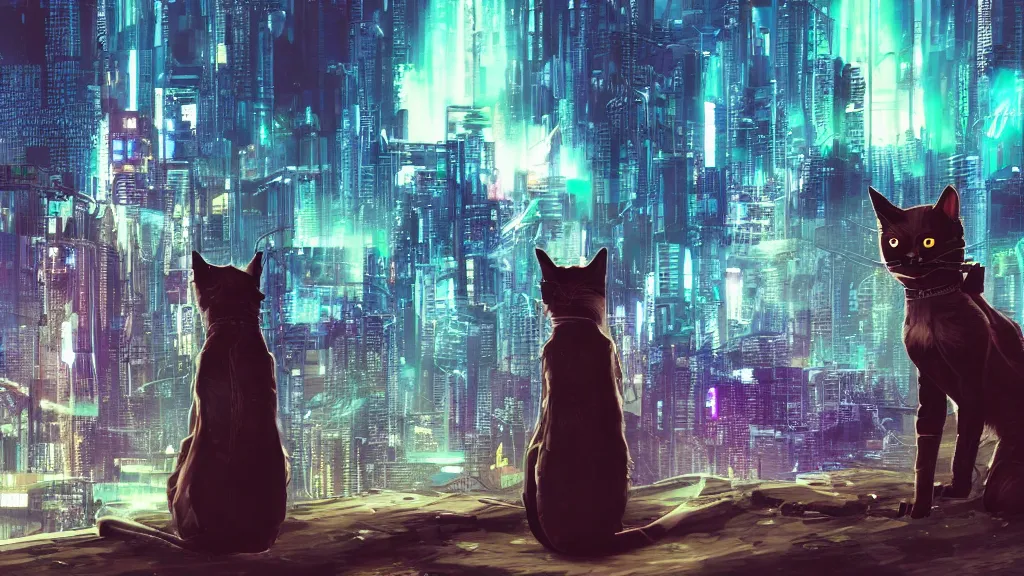 Prompt: a cyberpunk cat on a hill looking to a cyberpunk city wallpaper