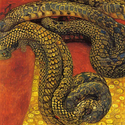 Image similar to detailed oroboros snake biting its tail frathered serpent painting by gustav klimt