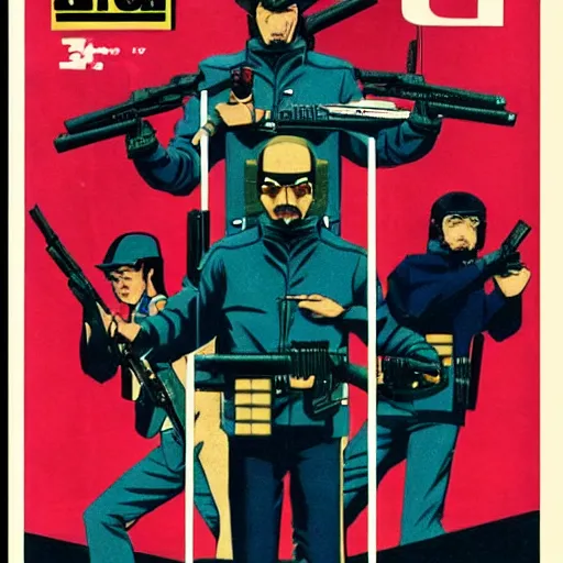 Prompt: 1979 OMNI Magazine Cover bank robbers, Bank Robbery Movie, Anime, Highly Detailed, Inspired by Golgo 13 + Lupin the 3rd , 8k :4 by Vincent Di Fate : 8