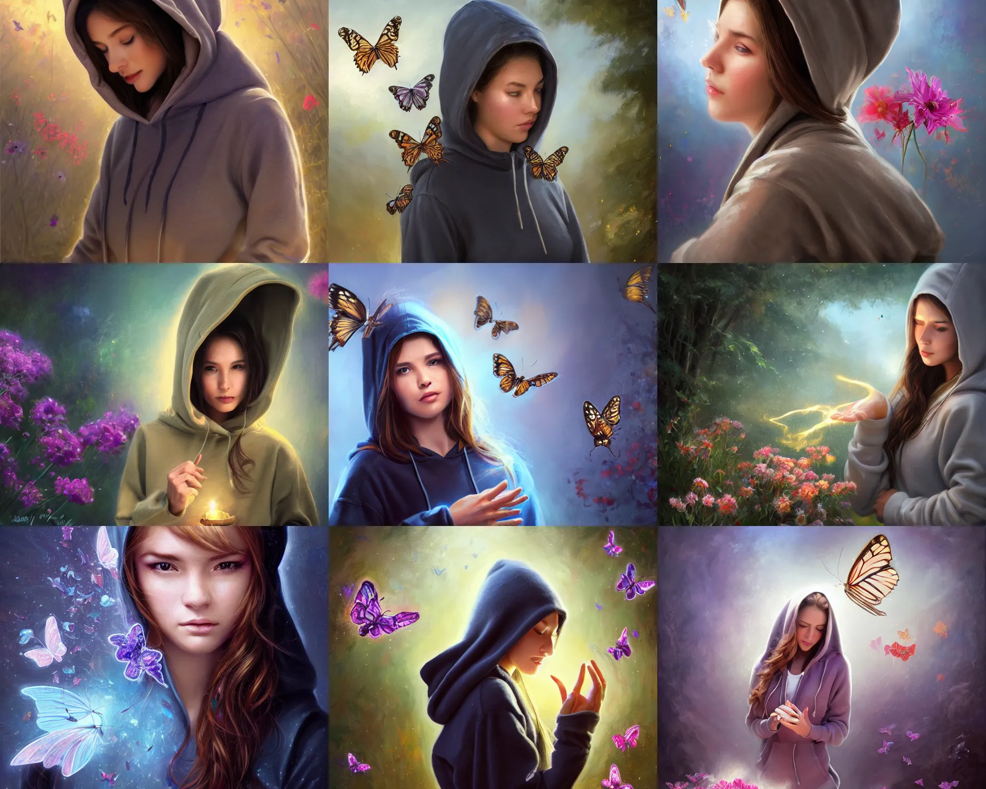 Prompt: full shot, long shot, wide shot young woman in a hoodie, enchanting an illusory spell. butterflies, flowers, digital painting, detailed, 8 k, trending on artstation, smooth, sharp focus artwork by mark arian, artgerm, mark keathley, greg rutkowski