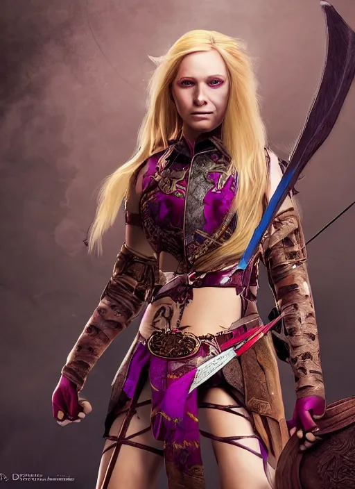 Prompt: An epic fantasy comic book style portrait painting of a young girl with long blonde hair and blue eyes. Wearing brown and magenta leather tribal combat clothes. She is holding hunting bow. Unreal 5, DAZ, hyperrealistic, octane render, cosplay, RPG portrait, dynamic lighting