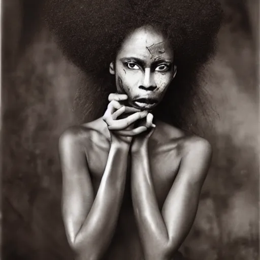 Image similar to afro vampire woman photographed by sally mann, vogue magazine