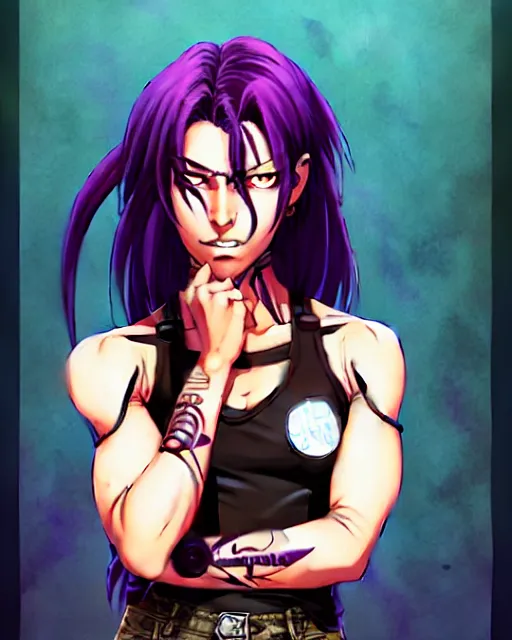 Image similar to a portrait of revy from black lagoon, dilraba dilmurarevy, smirk, black tank top, jean shorts, brown eyes, purple hair, tribal tattoos right arm sleeve, symmetrical eyes, symmetrical face, art by lois van baarle and loish and ross tran and rossdraws and sam yang and artgerm