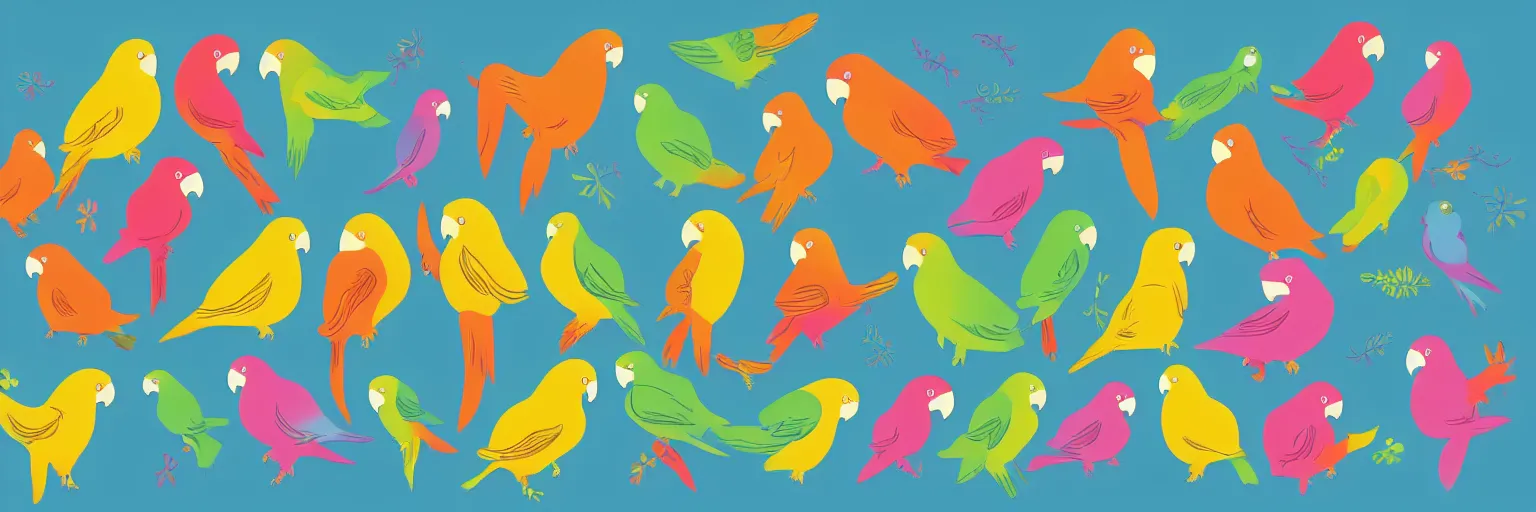 Prompt: symmetrical cute parrots, vector sticker art, sticker, clean background, illustration, spread sheet, game icon