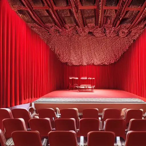 Prompt: an opera scenography of a barroque room, red color scheme.