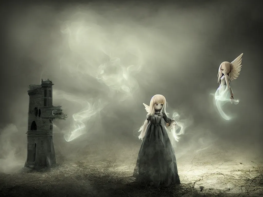 Prompt: cute fumo plush gothic angel maiden girl ghost wraith making an apparition in an abandoned watchtower, wisps of smoke and glowing volumetric fog, vignette, orthographic, vray