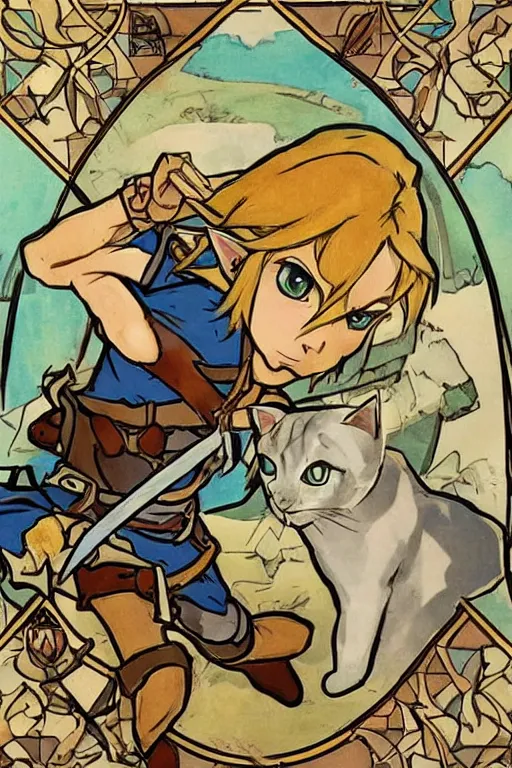 Image similar to link from The Legend of Zelda: Breath of the wild playing with a cat by and mucha,geometric shapes, hard edges ,Visual Communication Design