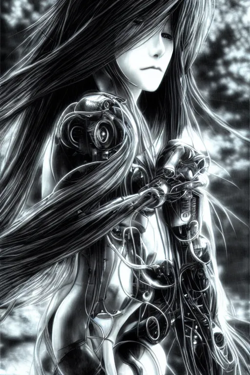 Image similar to a vertical portrait of a character in a scenic environment by Yoshitaka Amano, black and white, dreamy, cybernetic suit, wavy long black hair, highly detailed