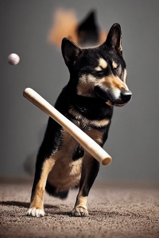 Prompt: 📷 shiba _ inu wielding baseball _ bat, canine photography, dramatic shot, very detailed, 4 k ✨