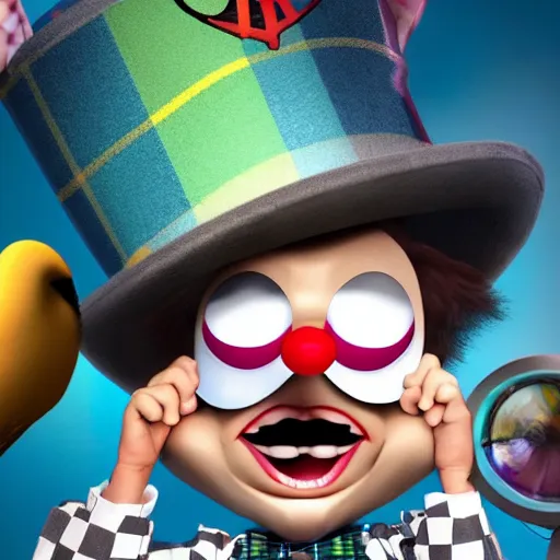 Image similar to a madhatter looking through an M shaped hole directly at the camera, pixar animations. 3D, spooky, funny, cute, tartan hat, 16k resolution, looney tunes