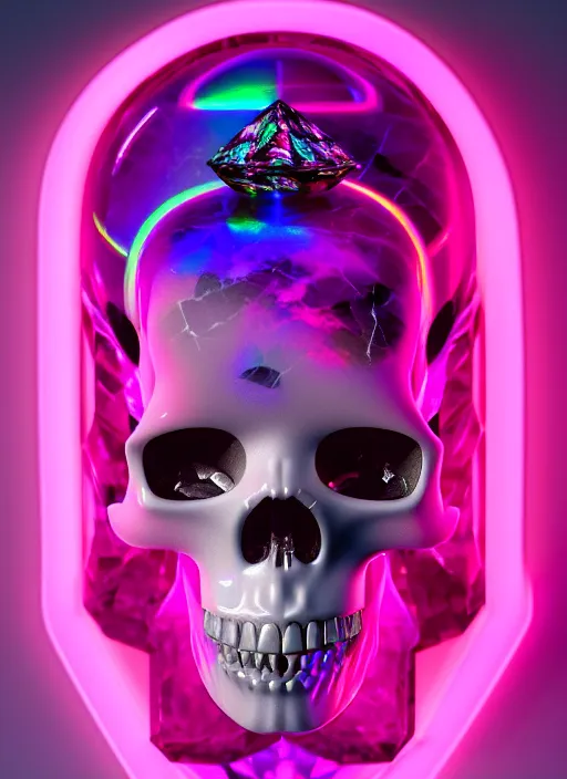 Prompt: photo of fullbodied baroque and bladerunner delicate neon diamond sculpture of seductive onyx albino marble prince kai harvatz dotado pink iridescent skull psychedelic, reclining, glowing magenta face, crown of white diamonds, cinematic lighting, photorealistic, octane render 8 k depth of field 3 d