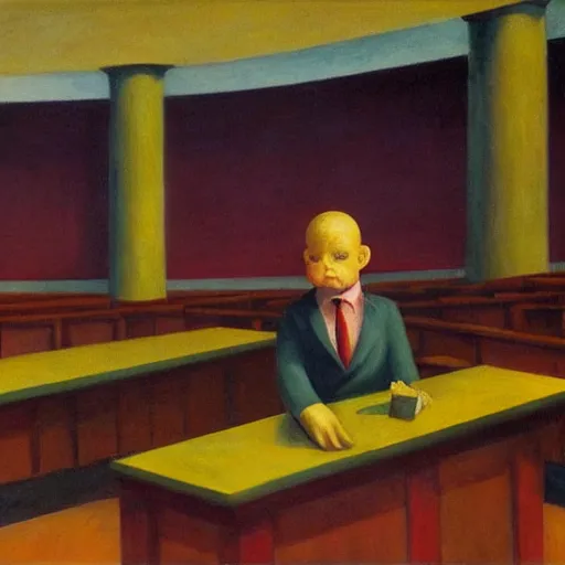 Prompt: giant baby professor giving a college lecture, lecture hall, dystopian, pj crook, edward hopper, oil on canvas